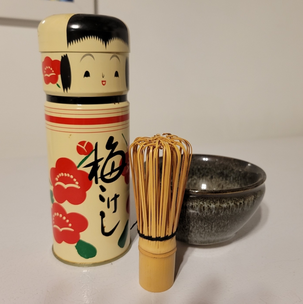 Vintage Tea Tin and Matcha Bowl with whisk.